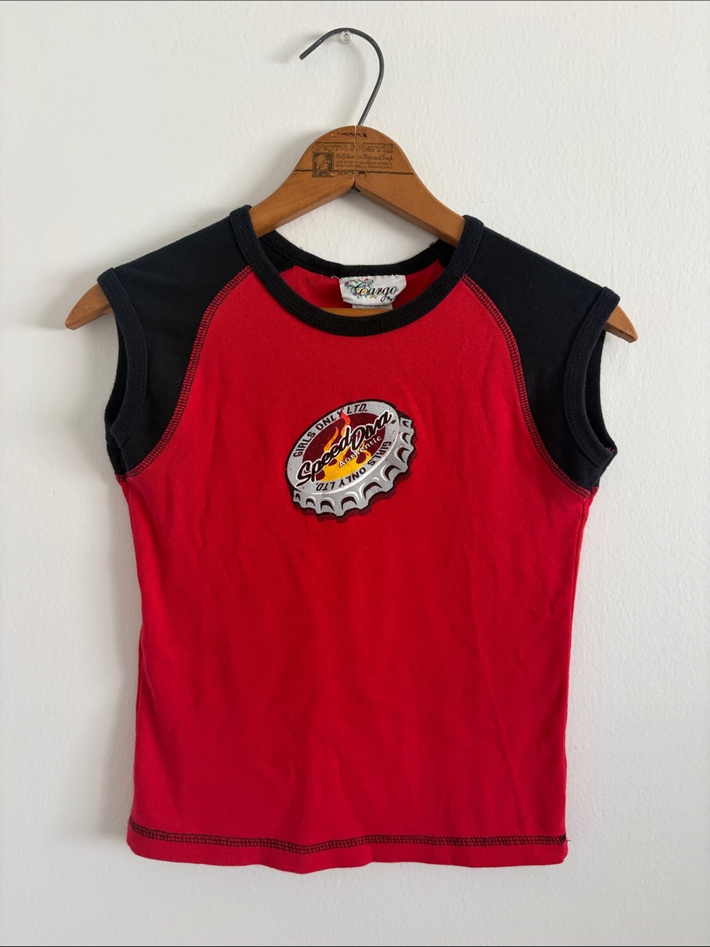 Cargo Red baby tee with Black Accents and Bottle-Cap Patch